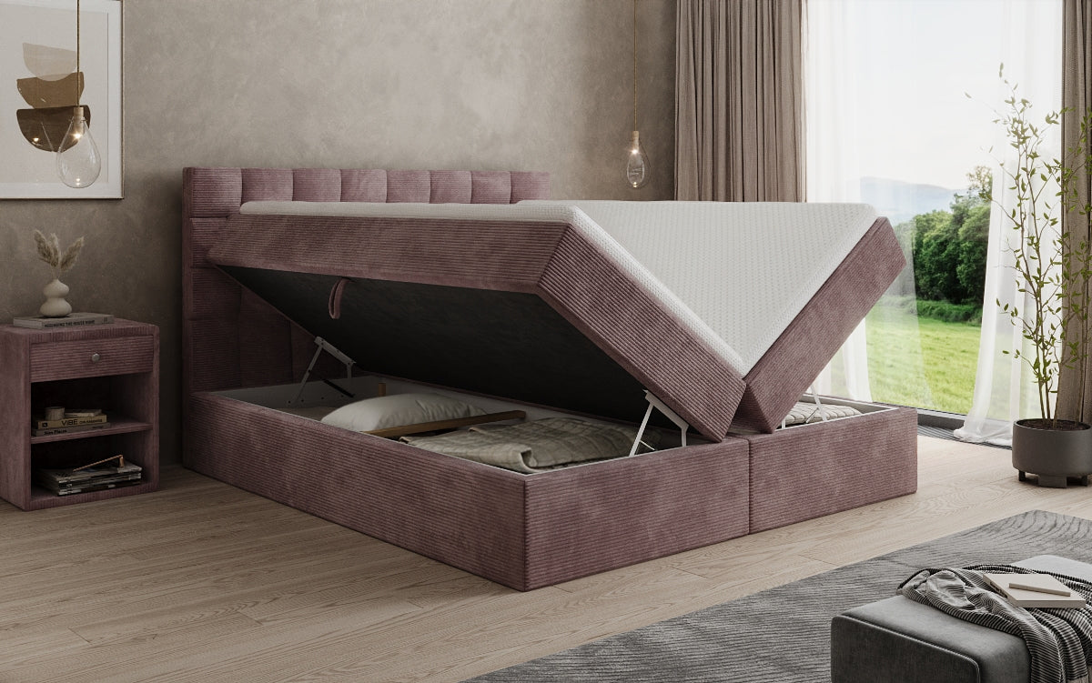Boxspringbed Como in Ribstof met opbergruimte