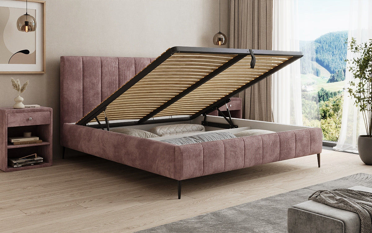 Designer gestoffeerd bed Astrid in Ribstof met opbergruimte