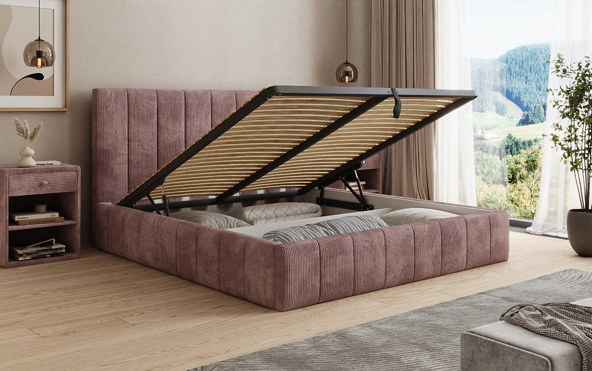 Designer gestoffeerd bed Maja in Ribstof met opbergruimte