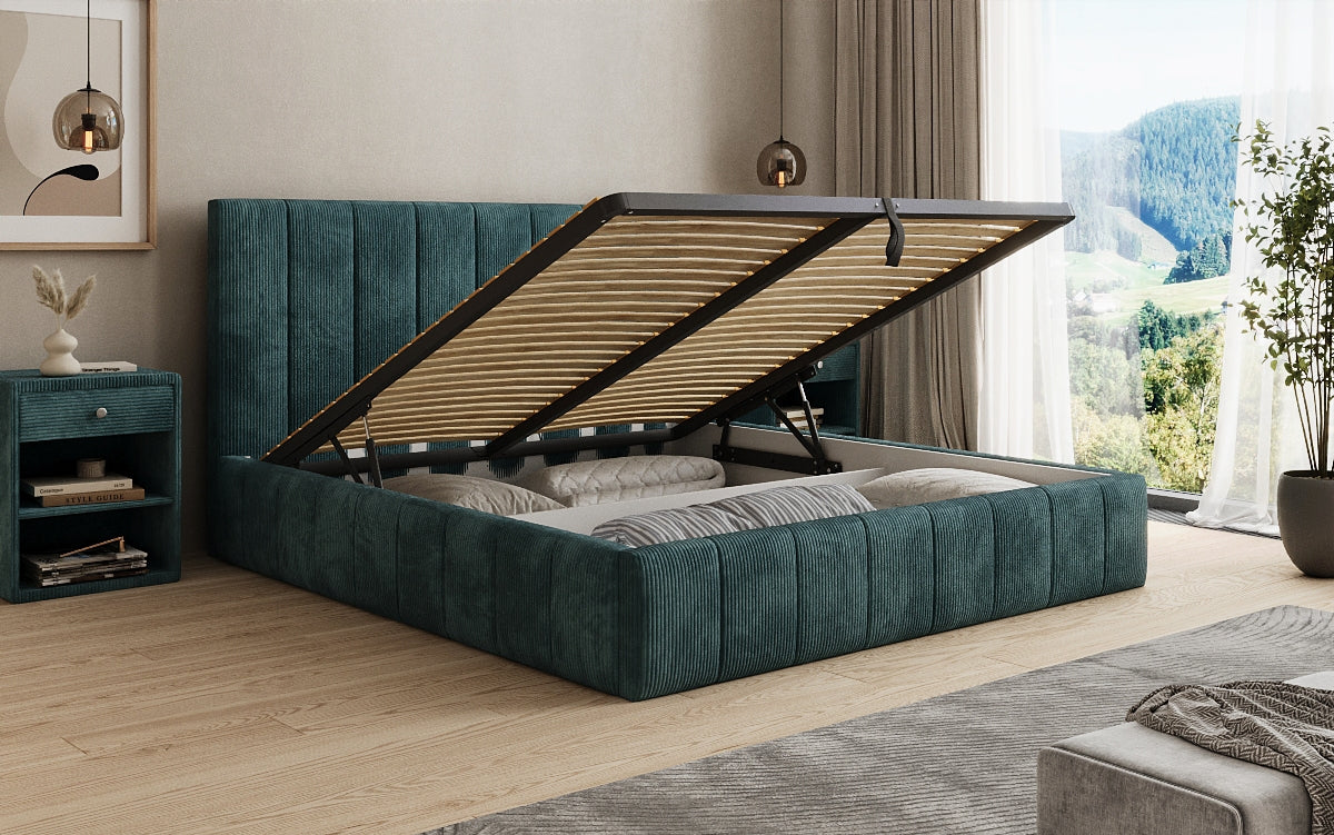 Designer gestoffeerd bed Maja in Ribstof met opbergruimte