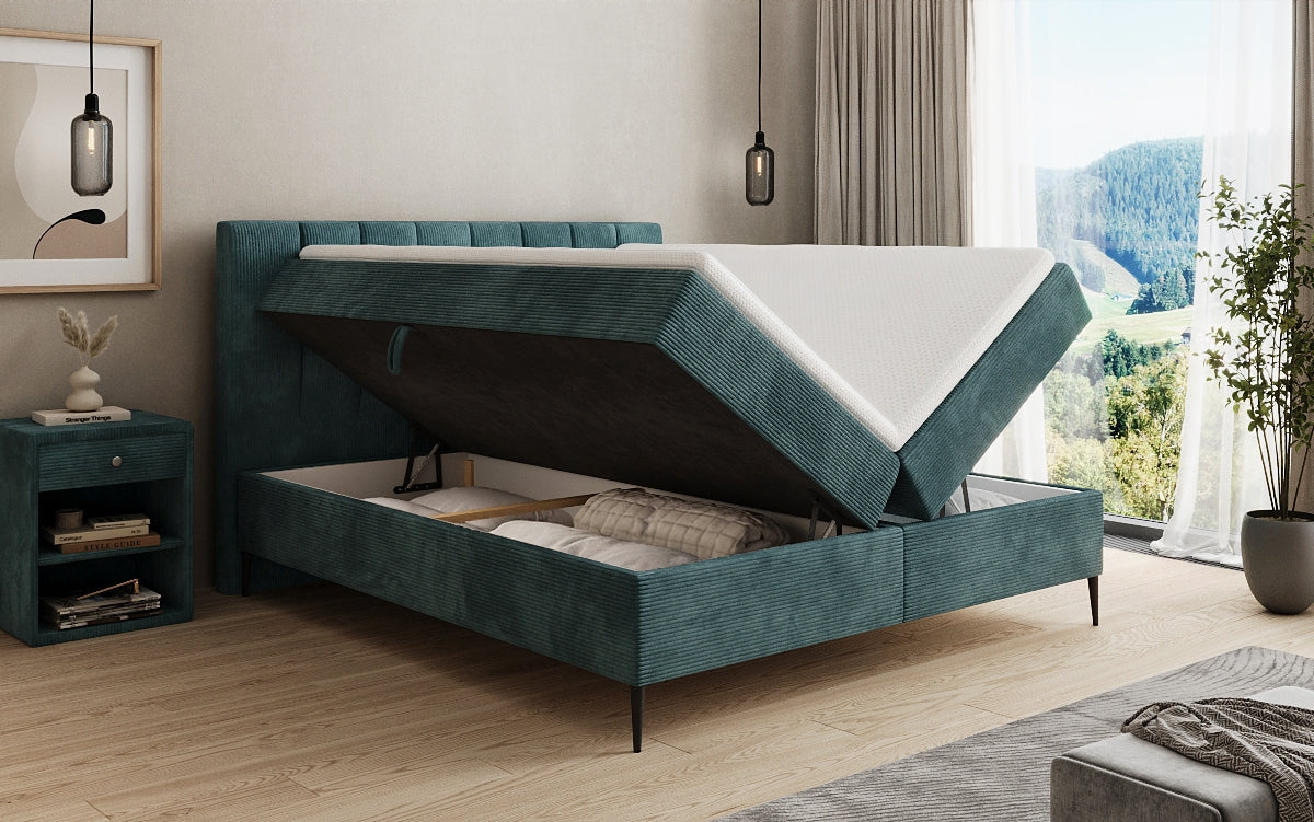 Boxspringbed Lucca in Ribstof met opbergruimte en poten