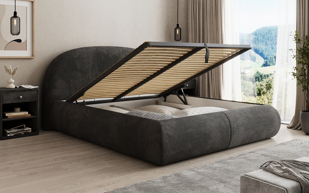 Design gestoffeerd bed Loop in Ribstof met opbergruimte