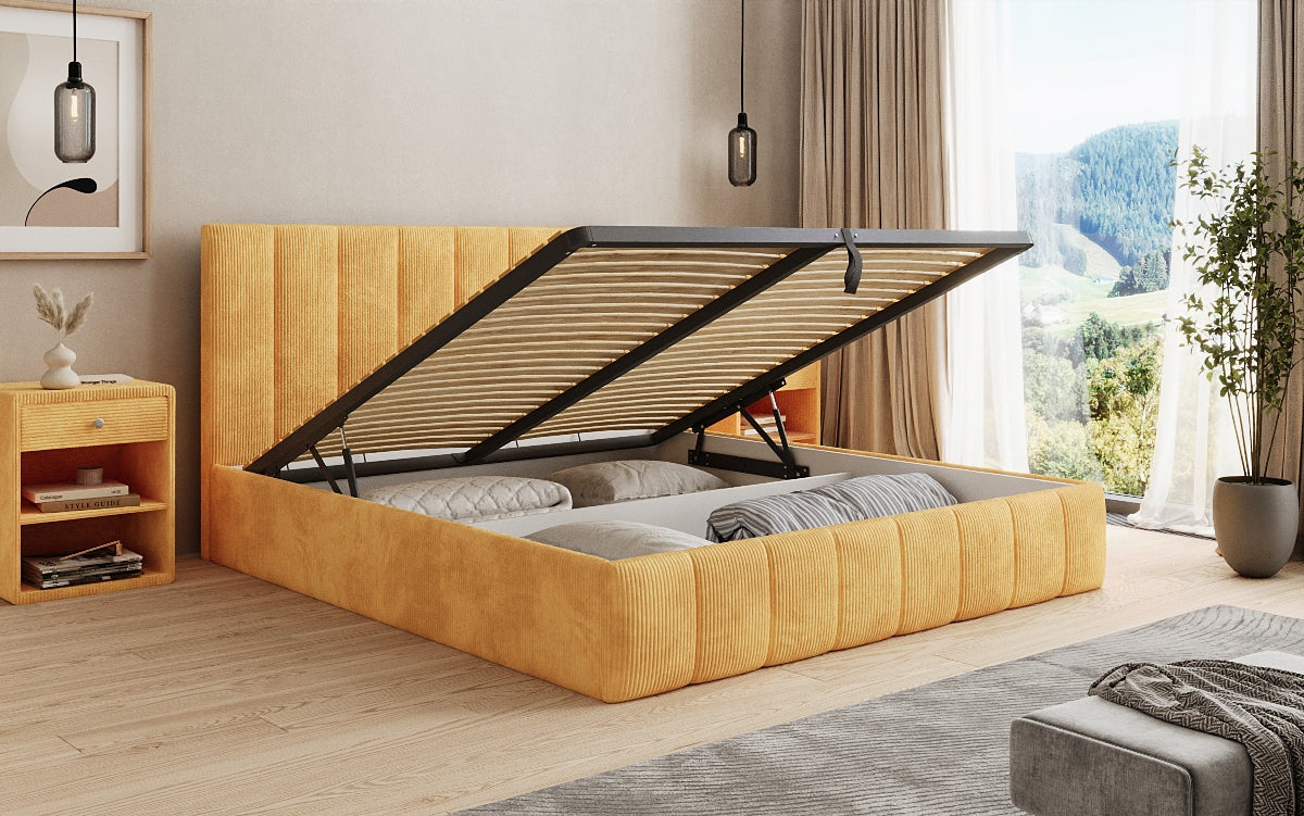 Designer gestoffeerd bed Mila in Ribstof met opbergruimte