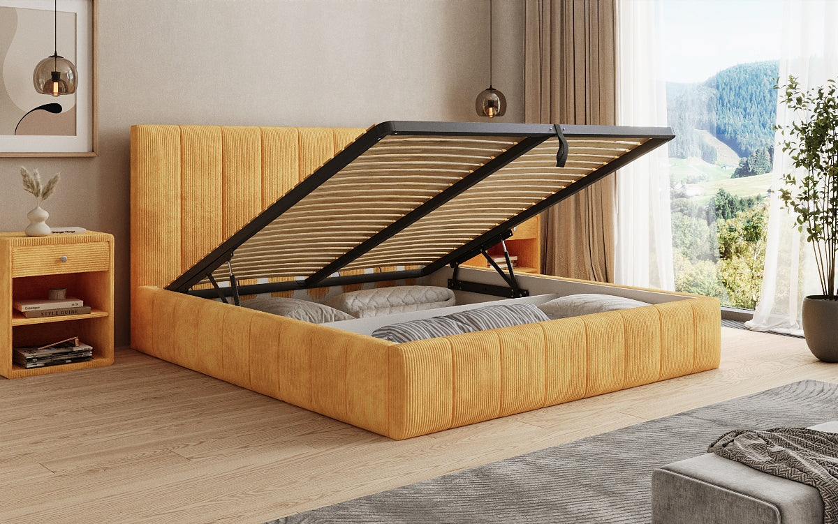 Designer gestoffeerd bed Maja in Ribstof met opbergruimte