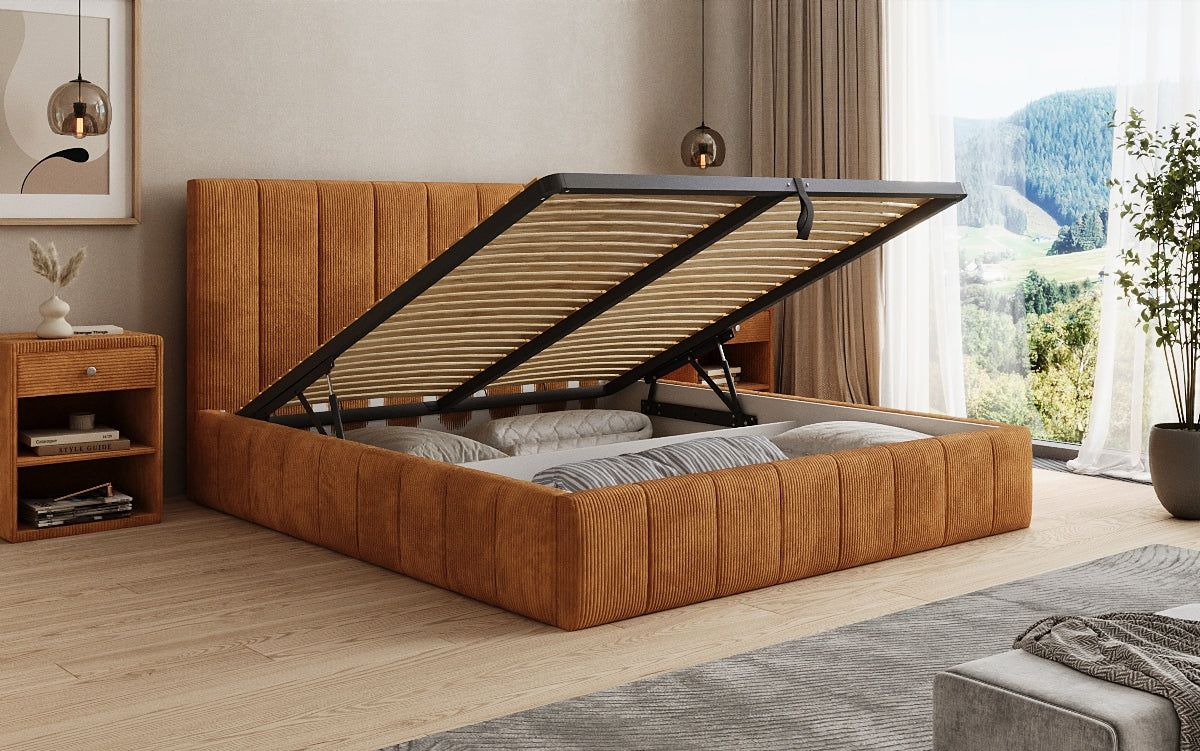 Designer gestoffeerd bed Maja in Ribstof met opbergruimte