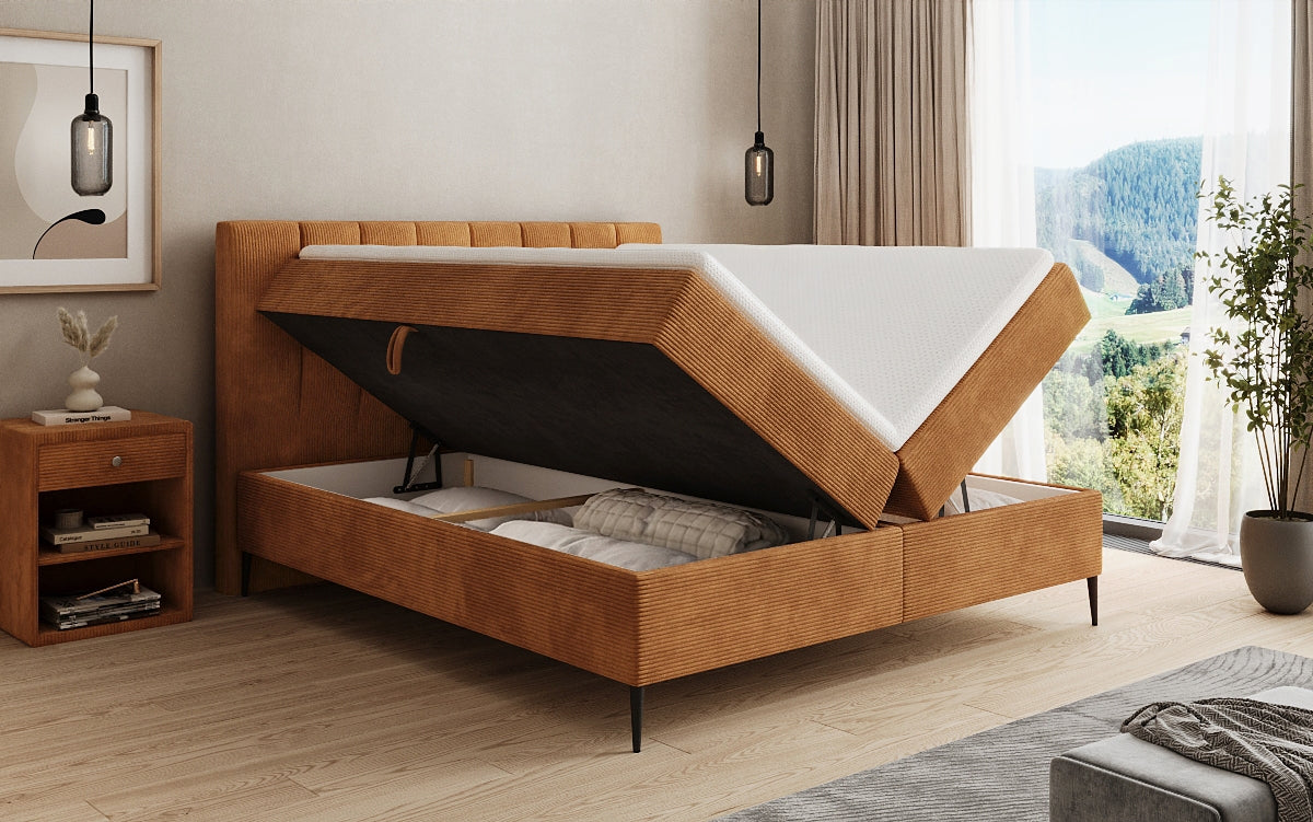 Boxspringbed Lucca in Ribstof met opbergruimte en poten