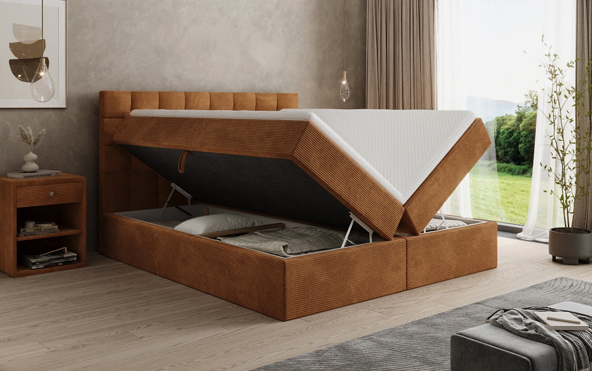 Boxspringbed Como in Ribstof met opbergruimte
