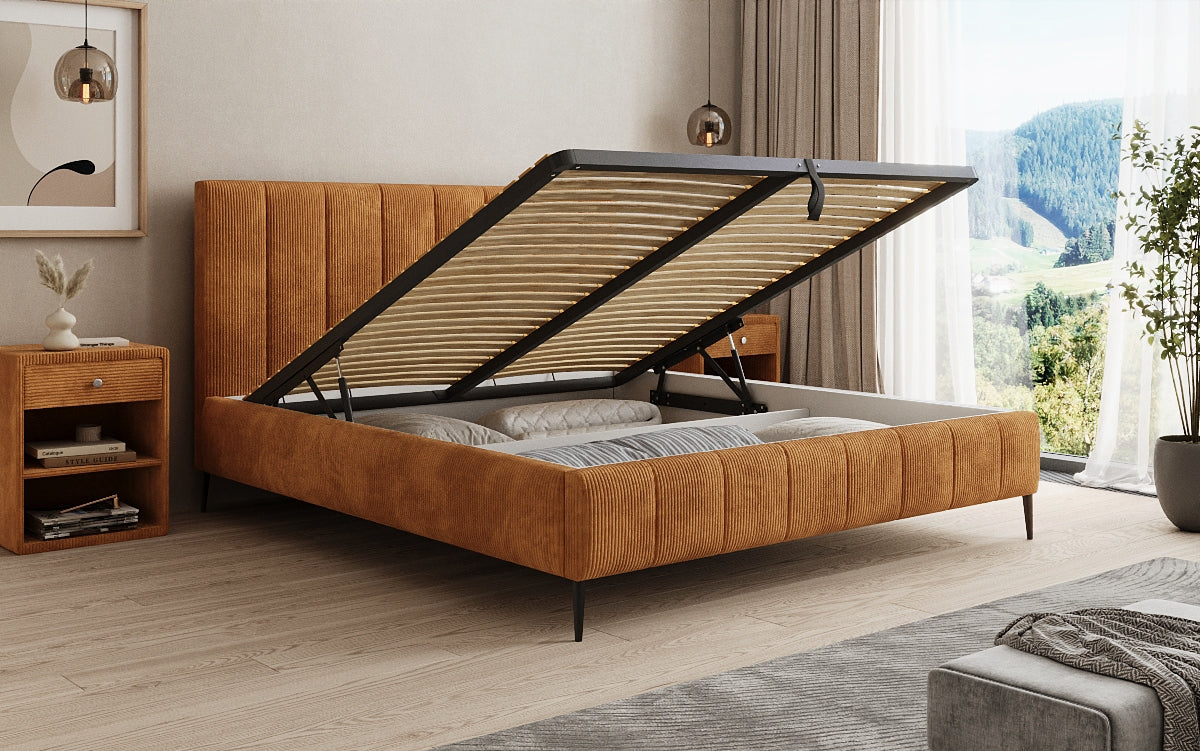 Designer gestoffeerd bed Astrid in Ribstof met opbergruimte