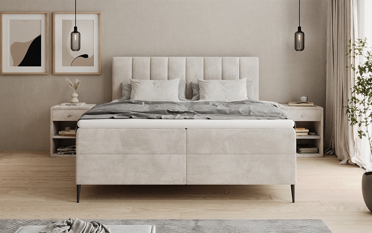 Boxspringbed Lucca in Ribstof met opbergruimte en poten