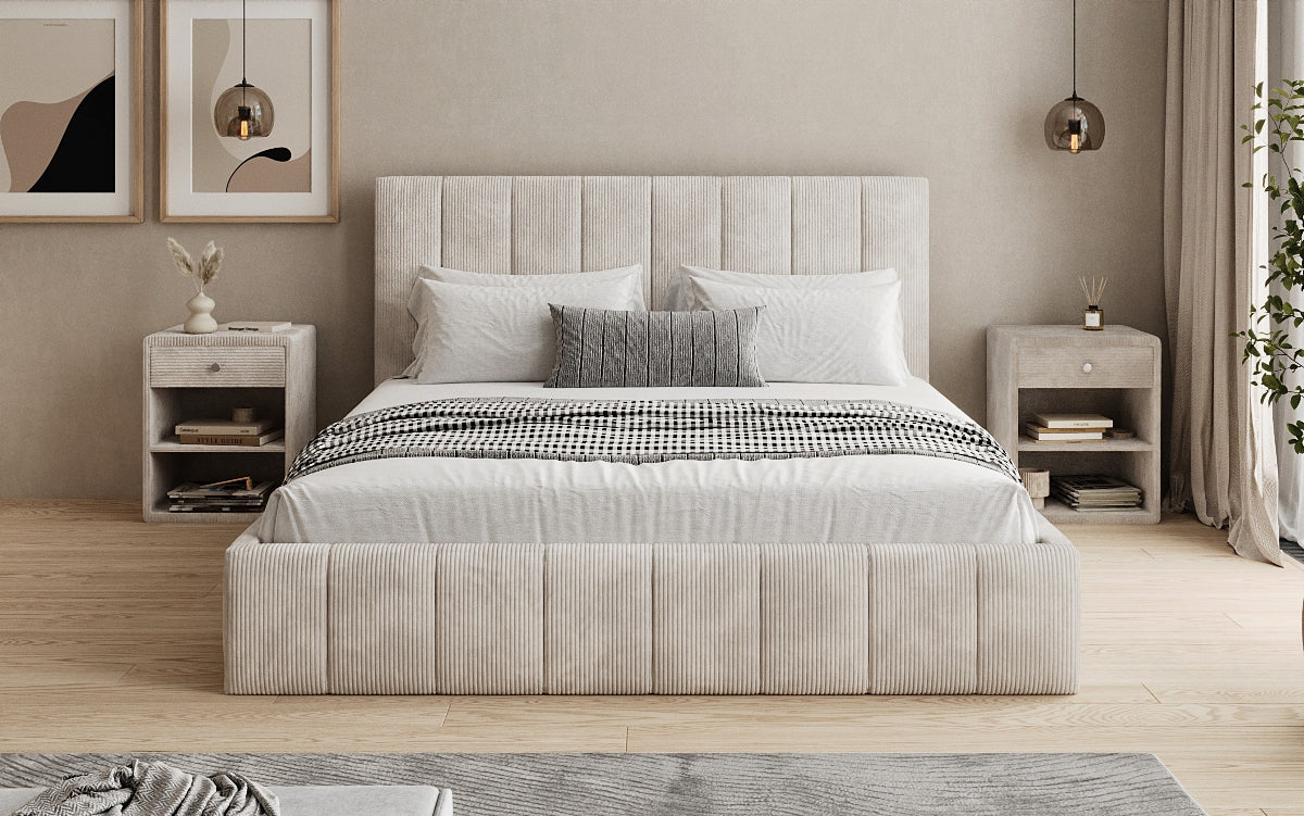 Designer gestoffeerd bed Maja in Ribstof met opbergruimte
