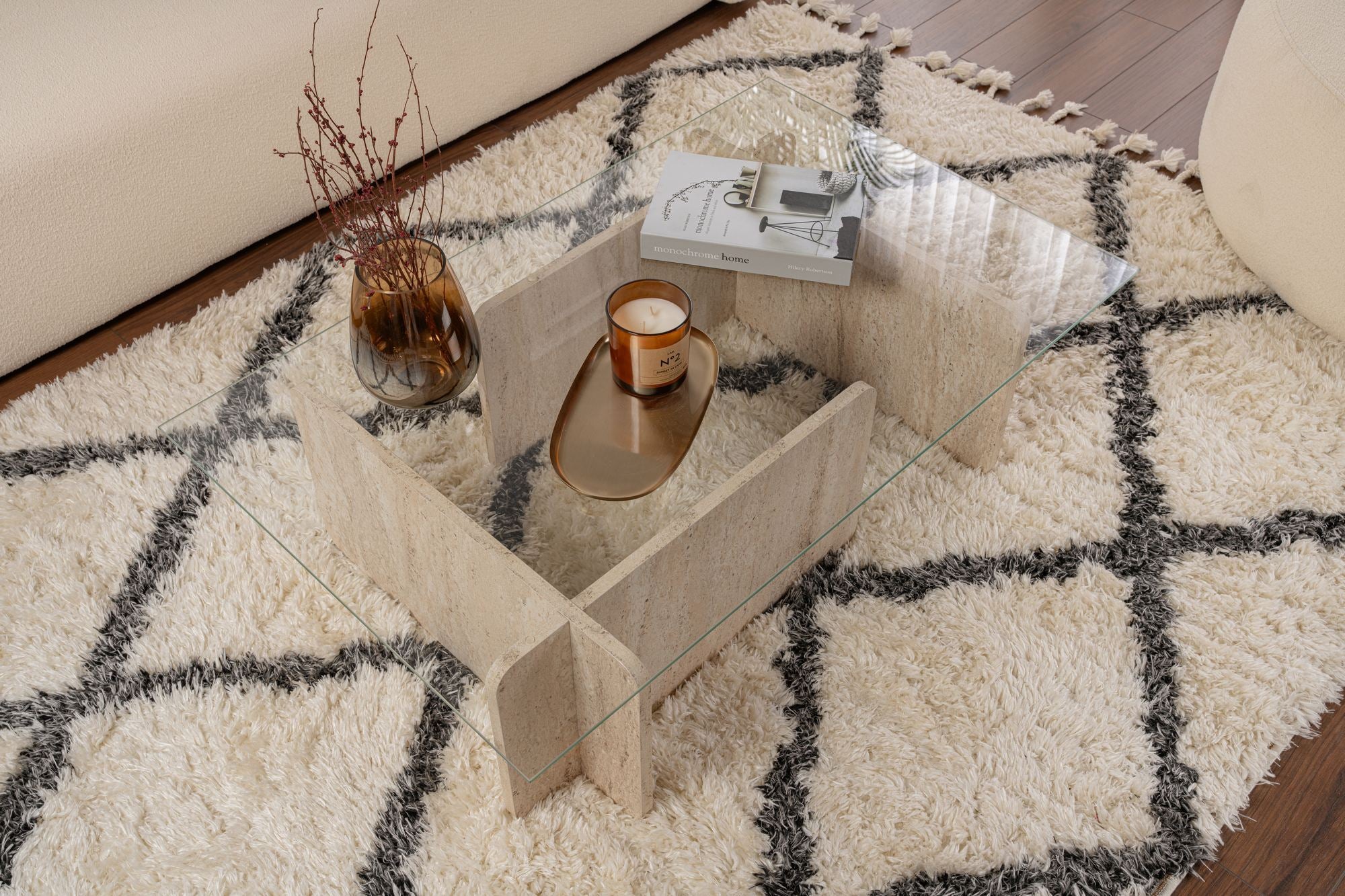 Salontafel Fendro - met rechthoekig glasblad en travertijn-steeneffect