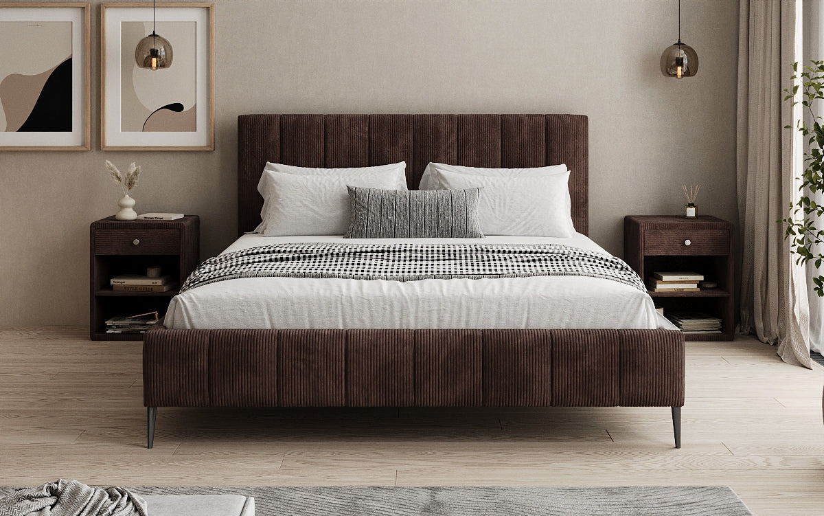 Designer gestoffeerd bed Astrid in Ribstof met opbergruimte