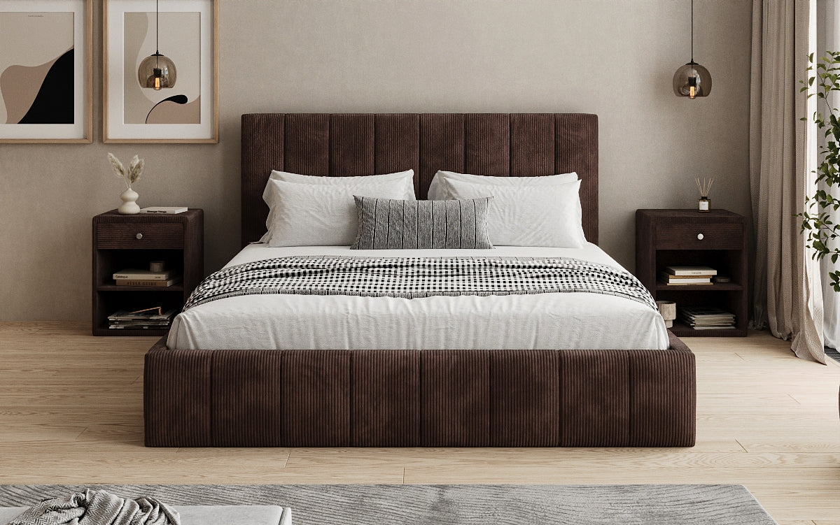 Designer gestoffeerd bed Maja in Ribstof met opbergruimte