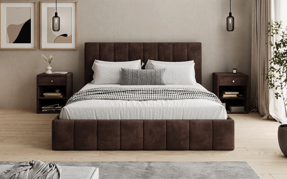 Designer gestoffeerd bed Mila in Ribstof met opbergruimte