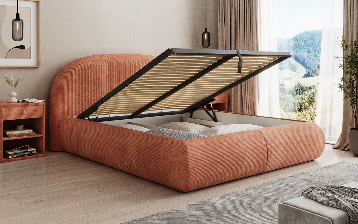 Design gestoffeerd bed Loop in Ribstof met opbergruimte