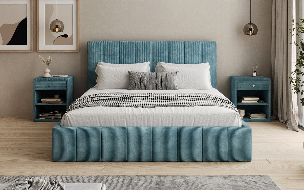 Designer gestoffeerd bed Maja in Ribstof met opbergruimte