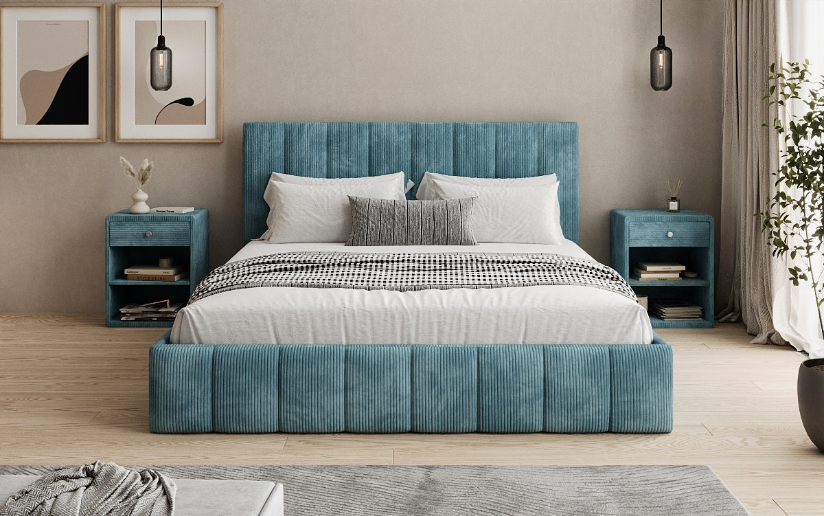Designer gestoffeerd bed Mila in Ribstof met opbergruimte