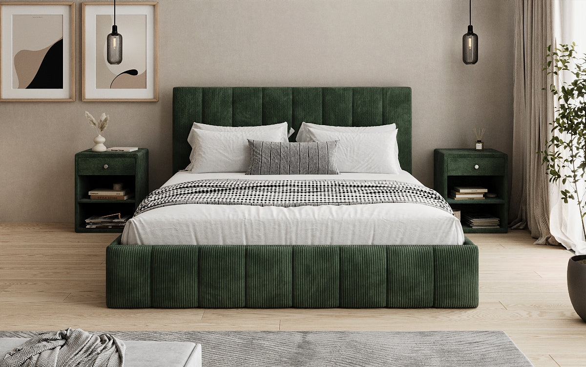 Designer gestoffeerd bed Mila in Ribstof met opbergruimte