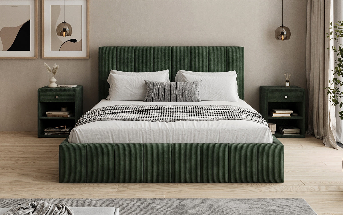 Designer gestoffeerd bed Maja in Ribstof met opbergruimte