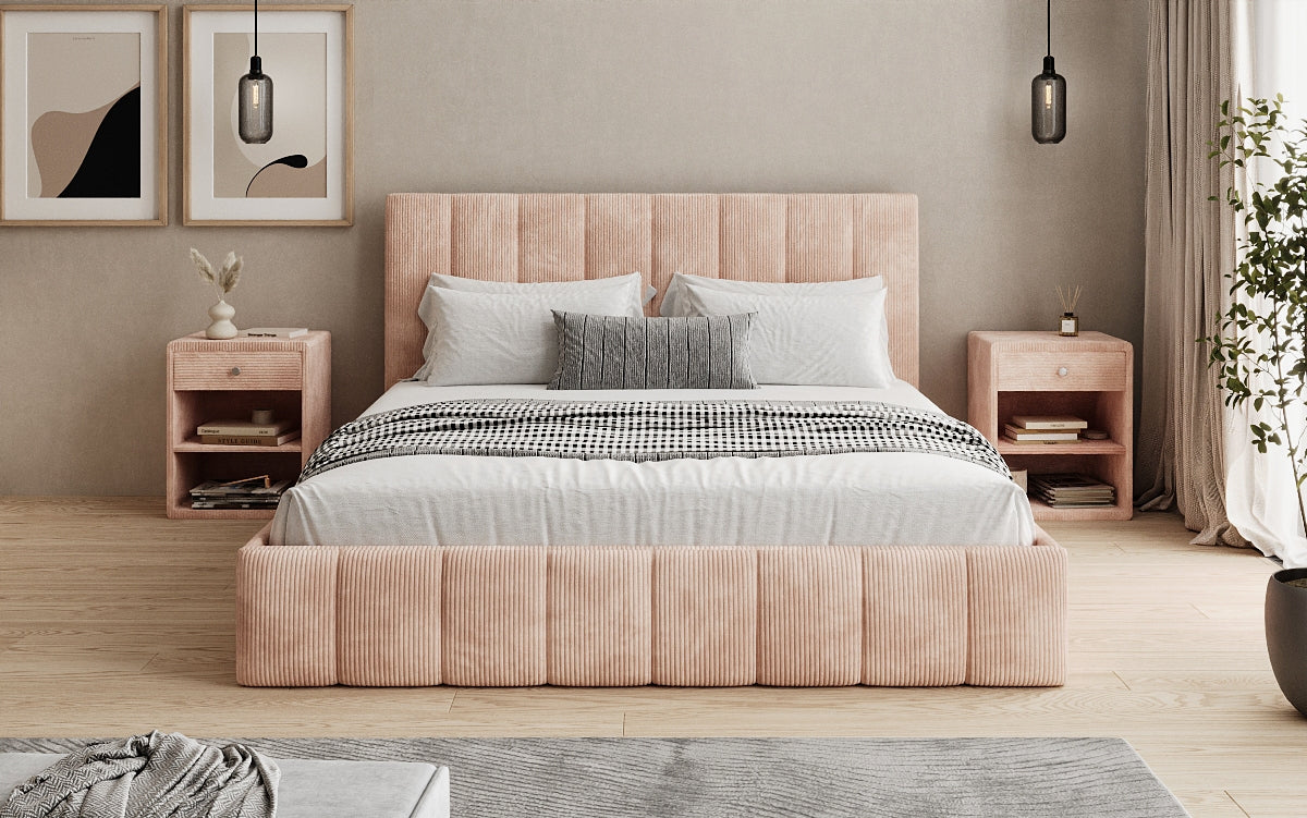 Designer gestoffeerd bed Mila in Ribstof met opbergruimte