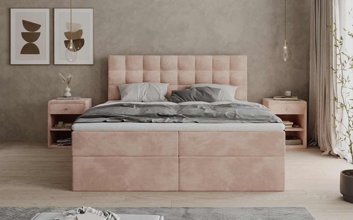 Boxspringbed Como in Ribstof met opbergruimte