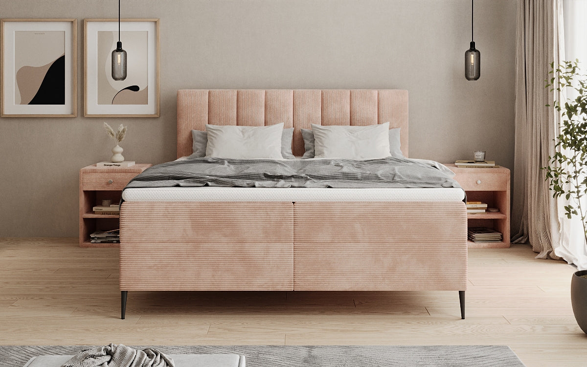 Boxspringbed Lucca in Ribstof met opbergruimte en poten