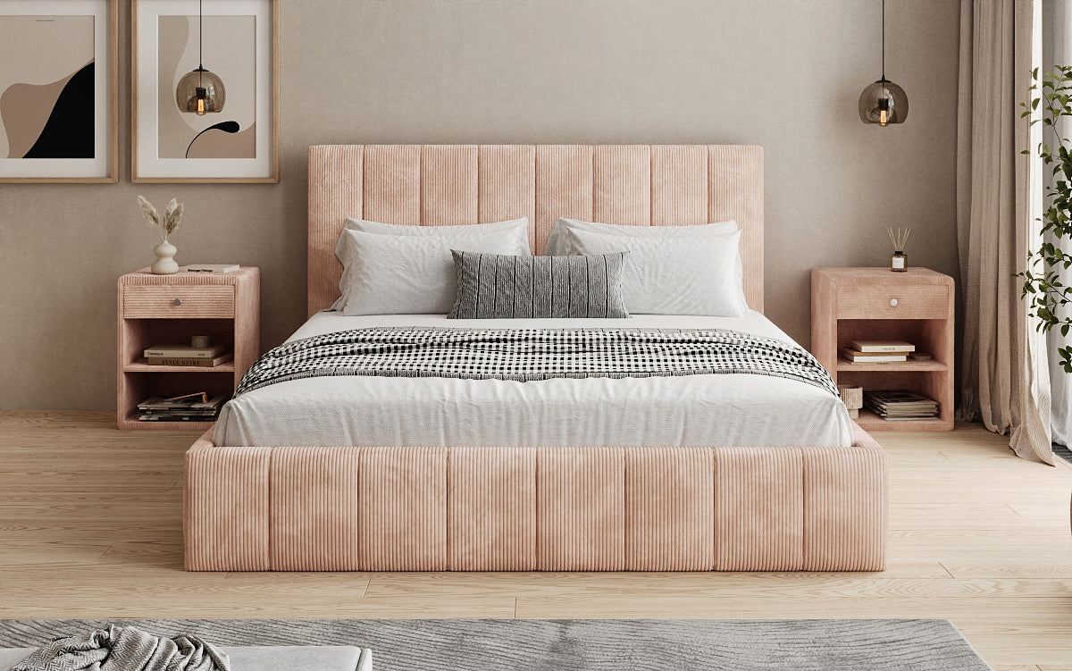 Designer gestoffeerd bed Maja in Ribstof met opbergruimte