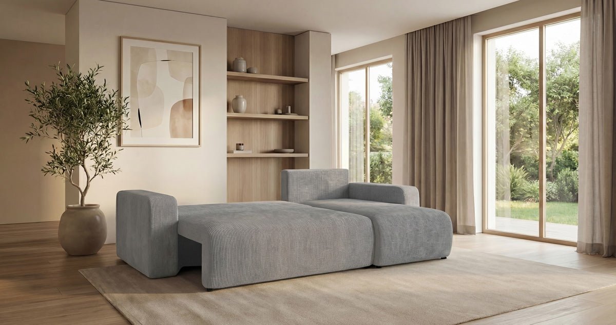Designsofa Calva met slaap- en uitklapfunctie in Ribstof