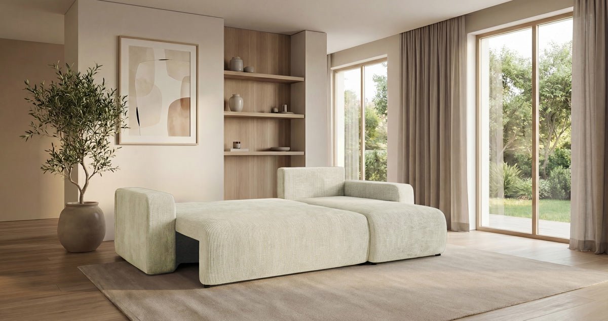Designsofa Calva met slaap- en uitklapfunctie in Ribstof