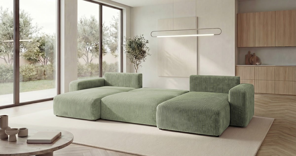 Designbank Noma U met slaapfunctie en opbergruimte in Ribstof