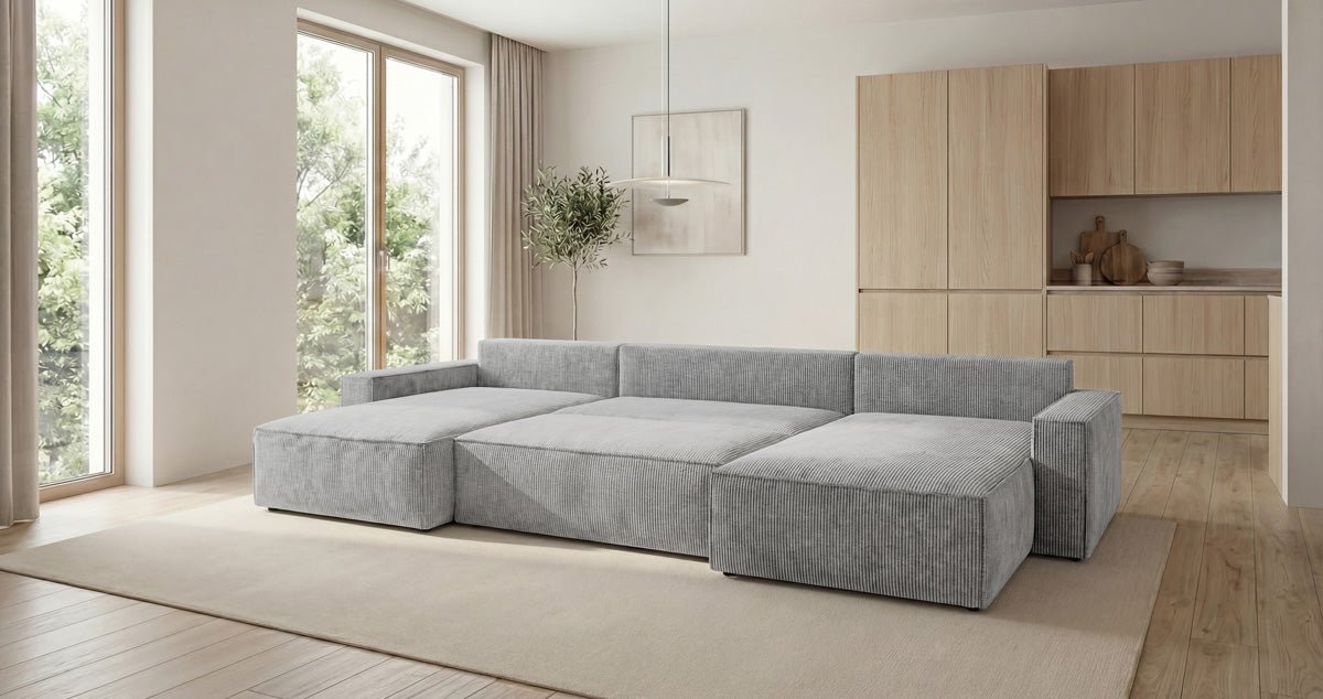 Designbank Vienna U met slaapfunctie en opbergruimte in Ribstof