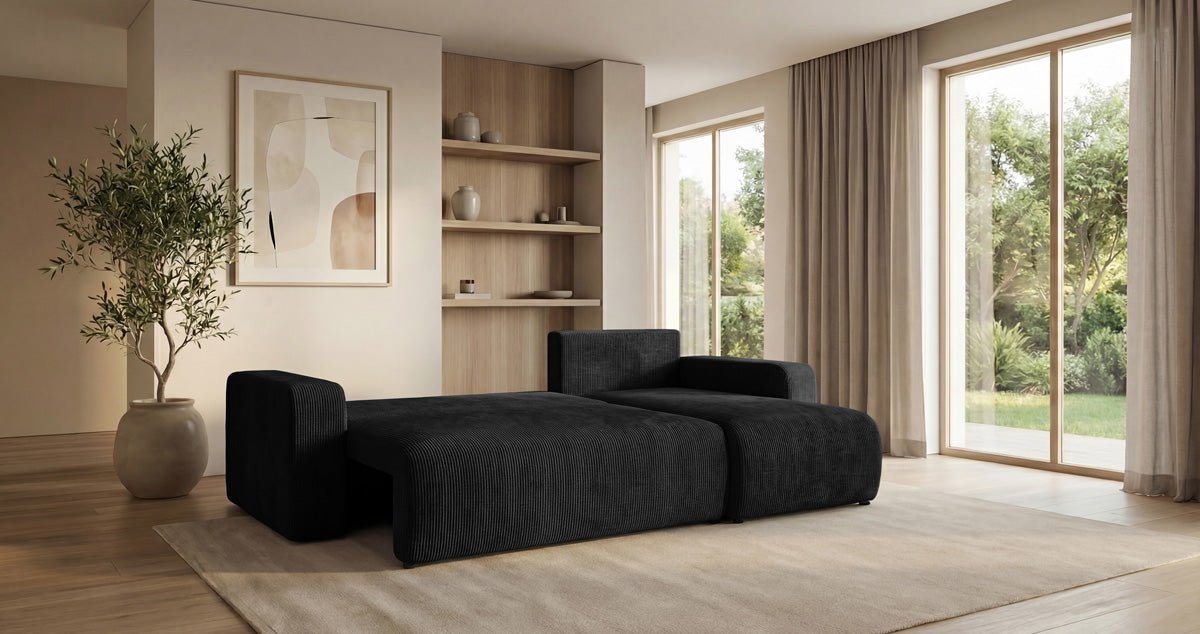 Designsofa Calva met slaap- en uitklapfunctie in Ribstof