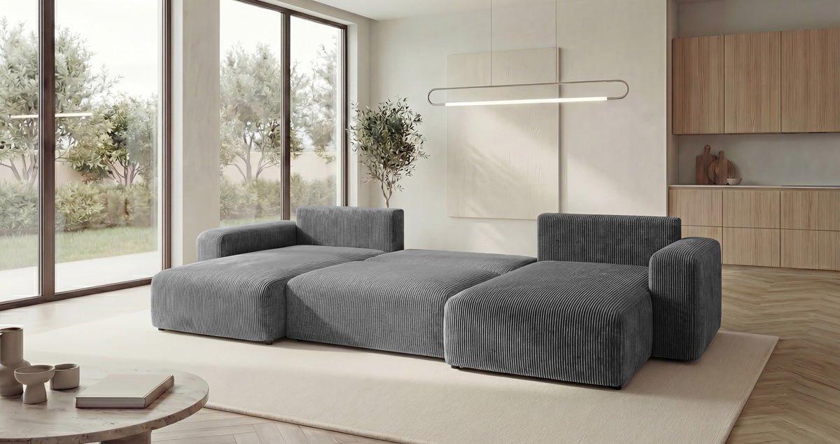 Designbank Noma U met slaapfunctie en opbergruimte in Ribstof