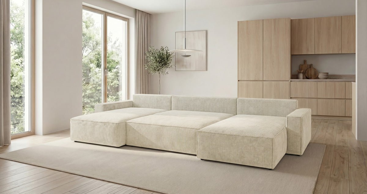 Designbank Vienna U met slaapfunctie en opbergruimte in Ribstof
