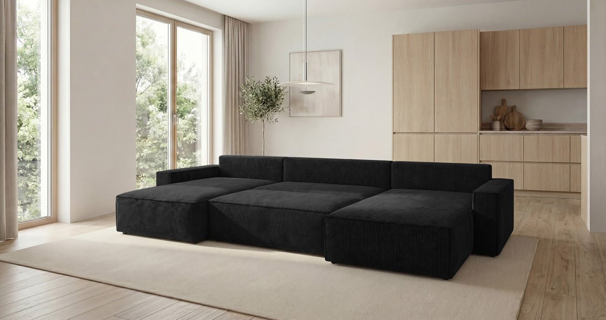 Designbank Vienna U met slaapfunctie en opbergruimte in Ribstof