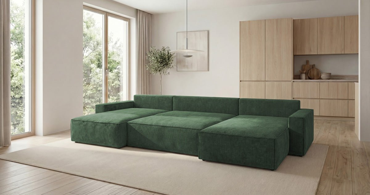 Designbank Vienna U met slaapfunctie en opbergruimte in Ribstof