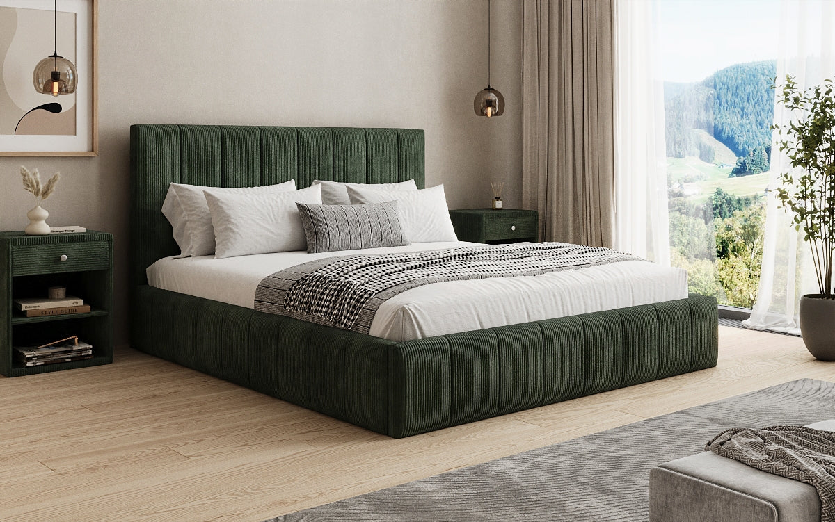 Designer gestoffeerd bed Maja in Ribstof met opbergruimte