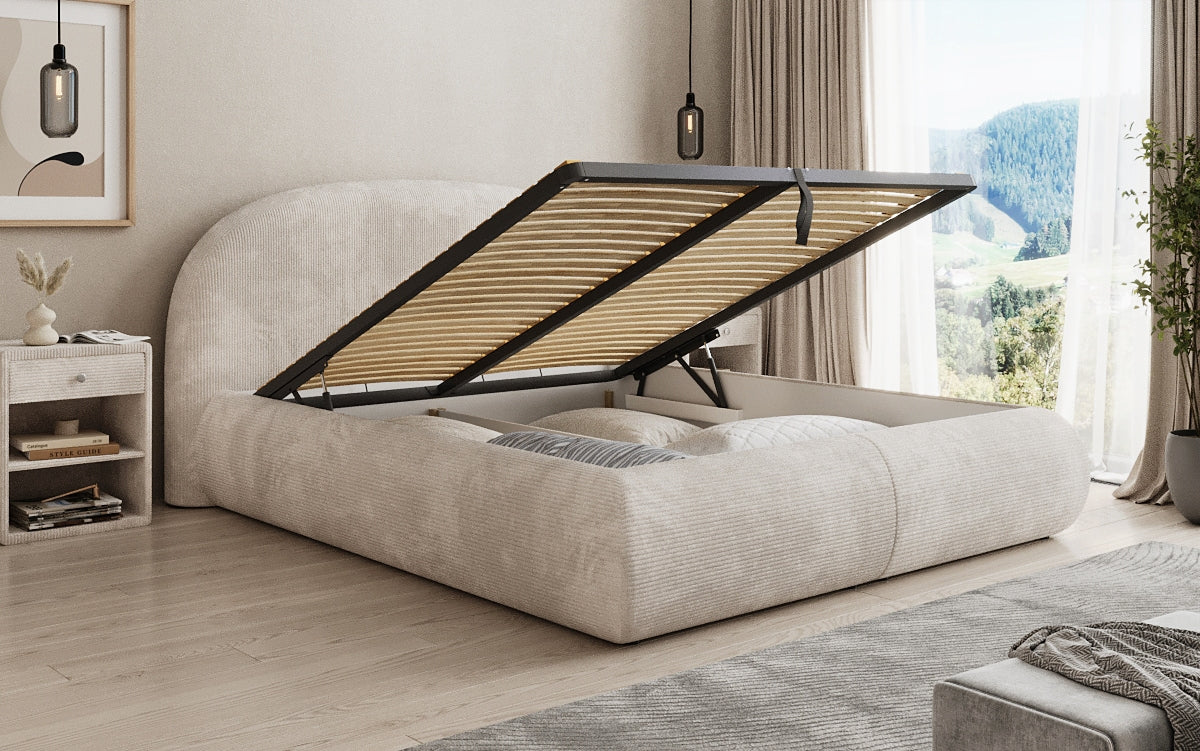 Design gestoffeerd bed Loop in Ribstof met opbergruimte