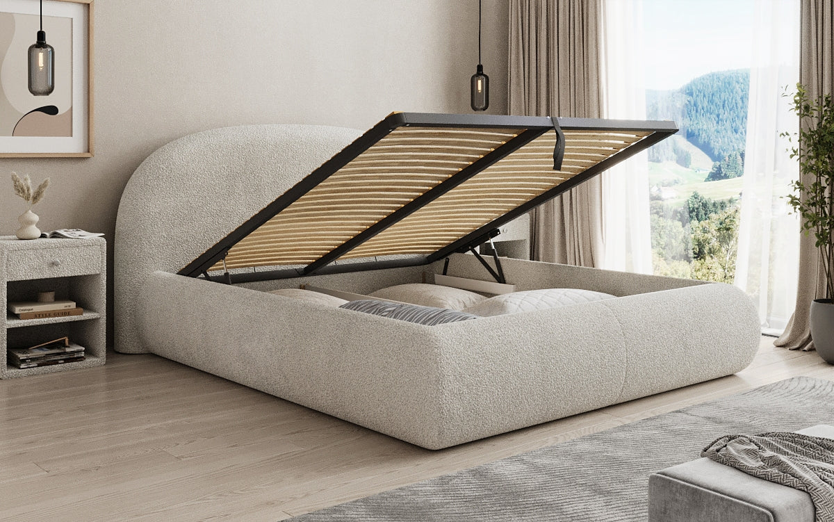 Designer gestoffeerd bed Loop in Teddystof Bouclé met opbergruimte