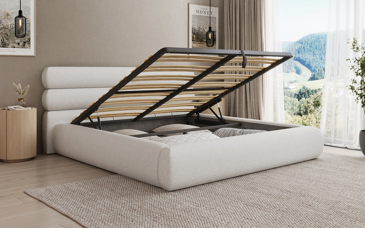 Designer gestoffeerd bed Joline in structuurstof met opbergruimte
