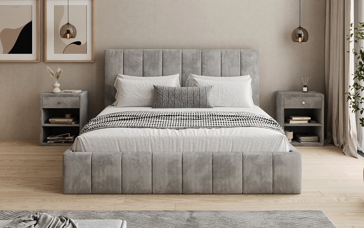 Designer gestoffeerd bed Maja in Ribstof met opbergruimte