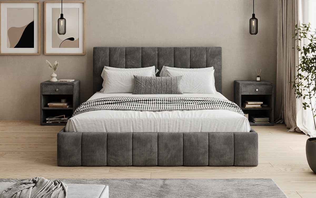 Designer gestoffeerd bed Mila in Ribstof met opbergruimte