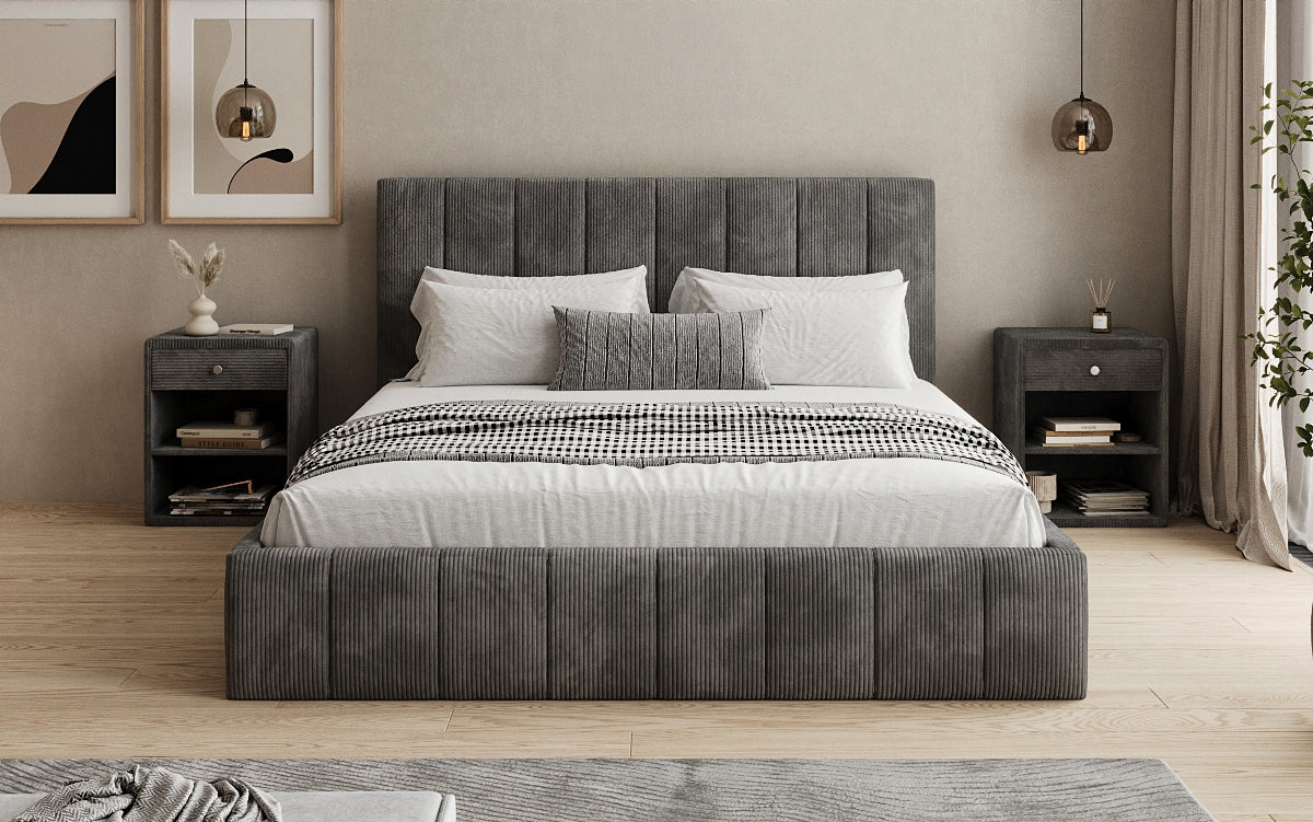 Designer gestoffeerd bed Maja in Ribstof met opbergruimte