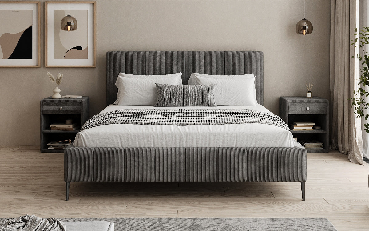 Designer gestoffeerd bed Astrid in Ribstof met opbergruimte