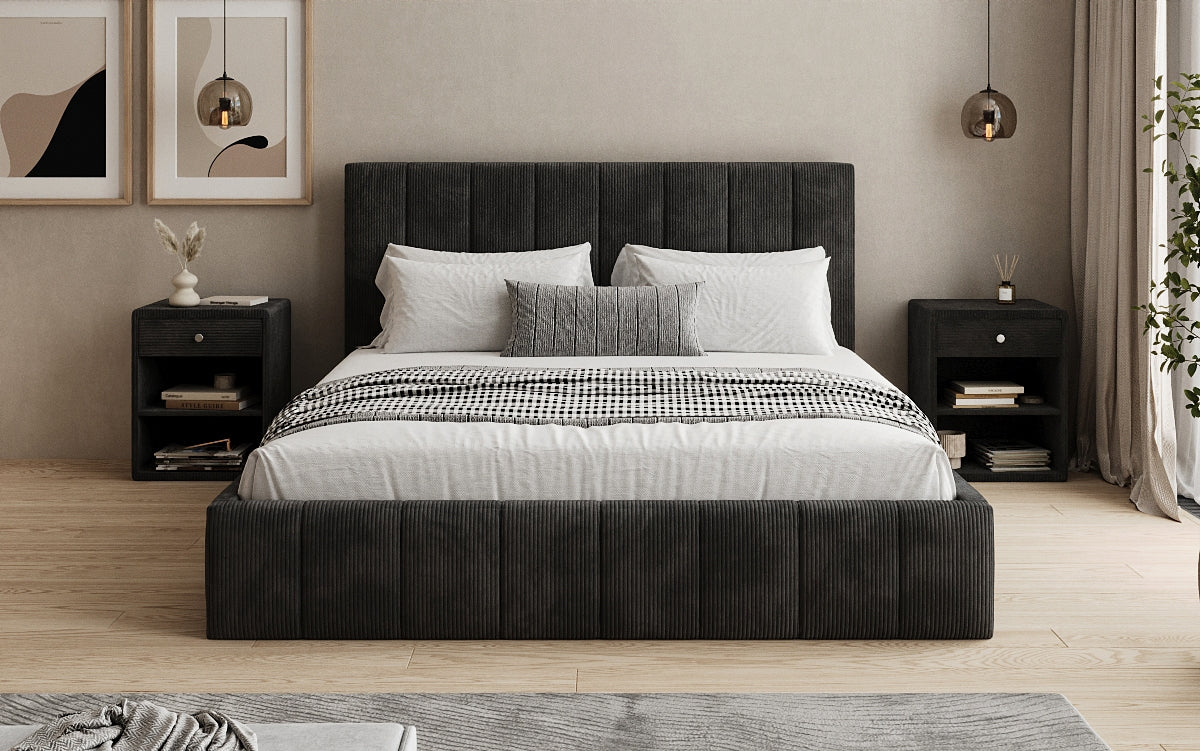 Designer gestoffeerd bed Maja in Ribstof met opbergruimte