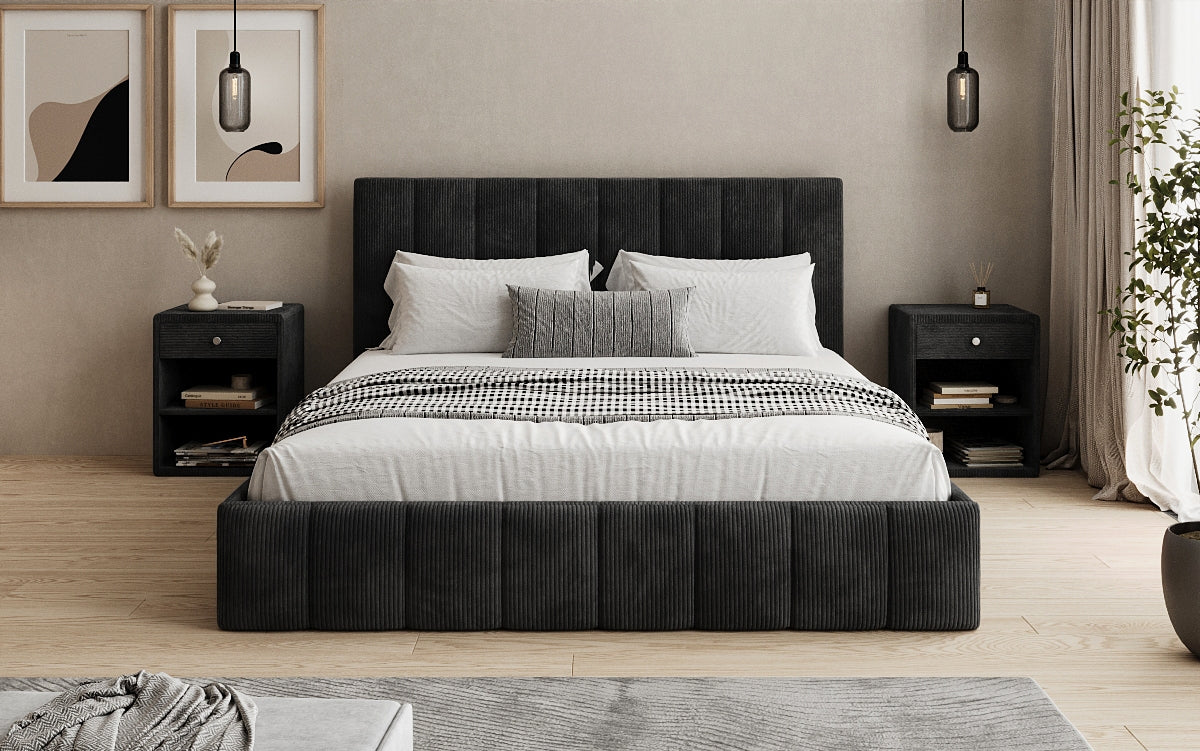 Designer gestoffeerd bed Mila in Ribstof met opbergruimte