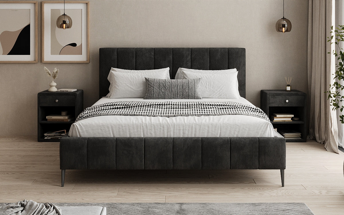 Designer gestoffeerd bed Astrid in Ribstof met opbergruimte