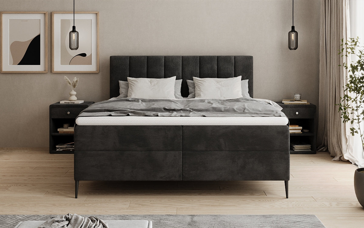 Boxspringbed Lucca in Ribstof met opbergruimte en poten