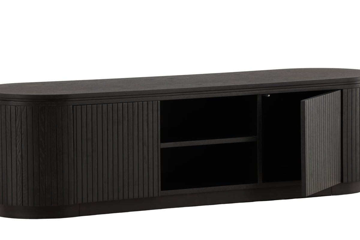 Designer TV-Lowboard Sundby – Zwart in Eikenlook met lamellenfront