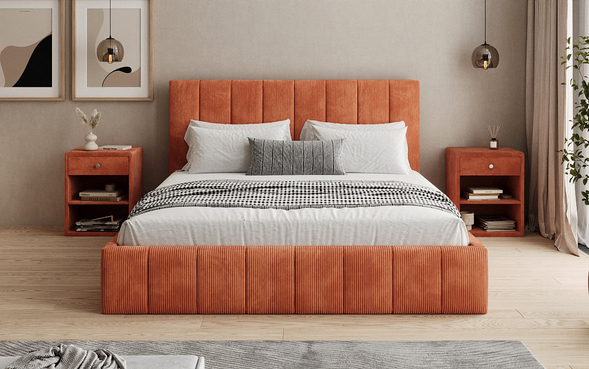 Designer gestoffeerd bed Maja in Ribstof met opbergruimte